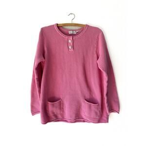 Pink Rolled Neck Textured Cotton Knit Henley Sweater Cottagecore , Coastal